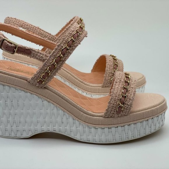 CHANEL 20C Tweed Leather Chain CC Raffia Platform Wedge Heel Sandals Shoes - Picture 4 of 11